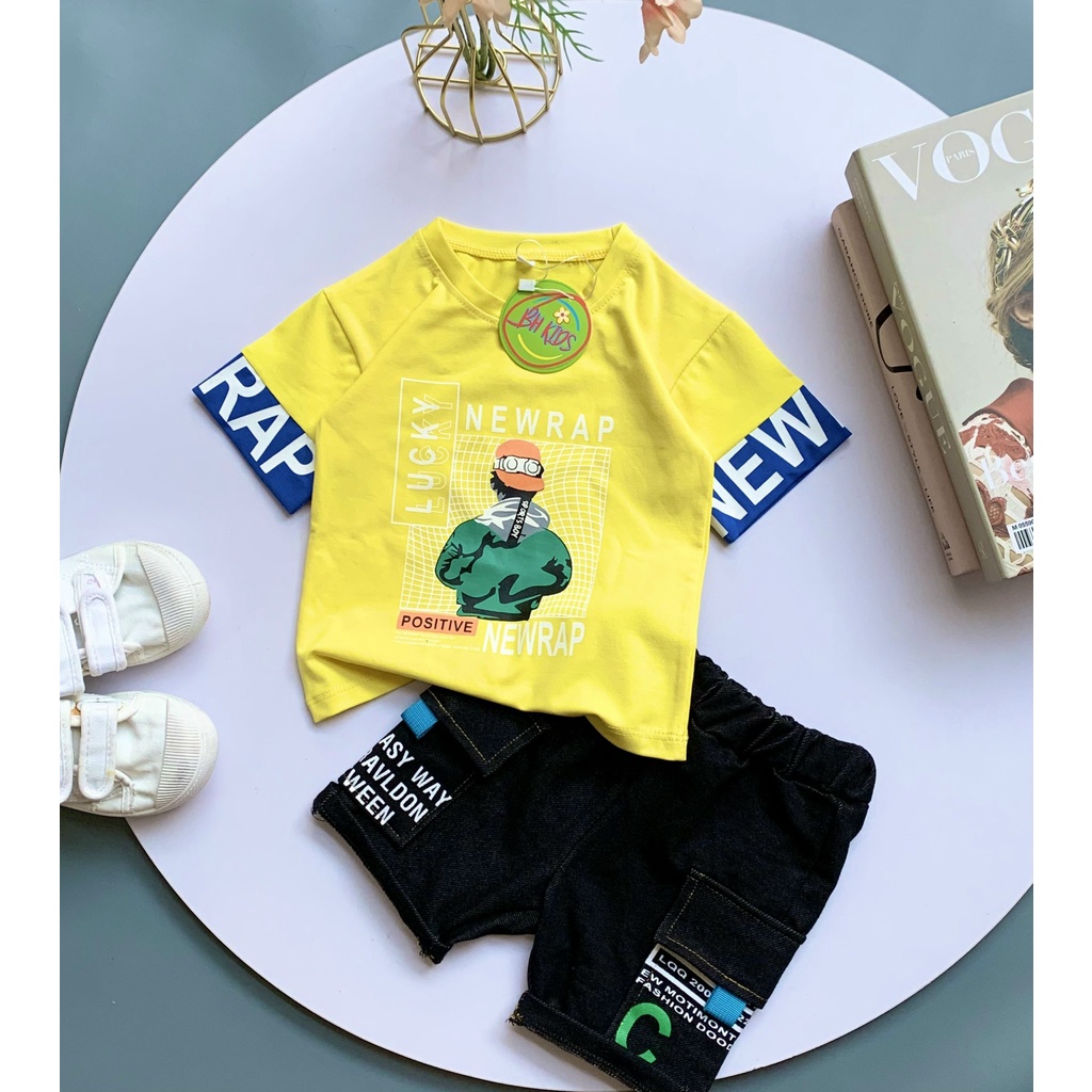 Set đồ bộ bé trai Áo thun ngắn tay cotton 100% co giản 4 chiều Quần short thun cotton giả jean co giản cho bé từ 8-37kg