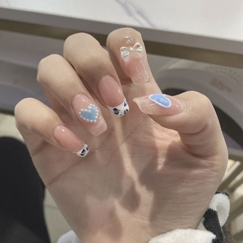 Set 24  móng tay giả Bộ móng giả màu đính nơ dùng làm móng tay nghệ thuật có thể tháo rời/ móng giả đính nơ/Hồng/ đen/màu sắc/sự đổi màu