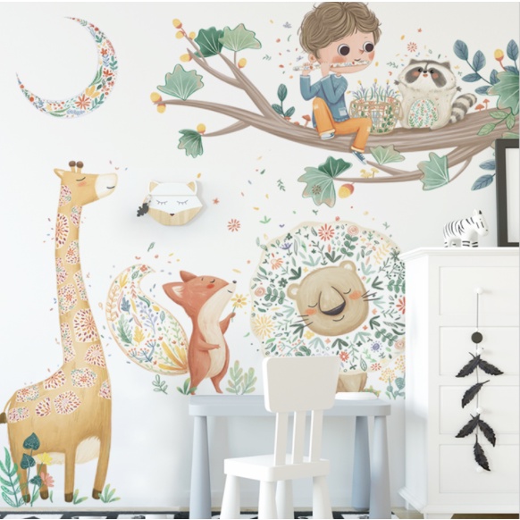Decal trang trí tường - Cậu bé ngồi thổi sáo cùng những người bạn thú