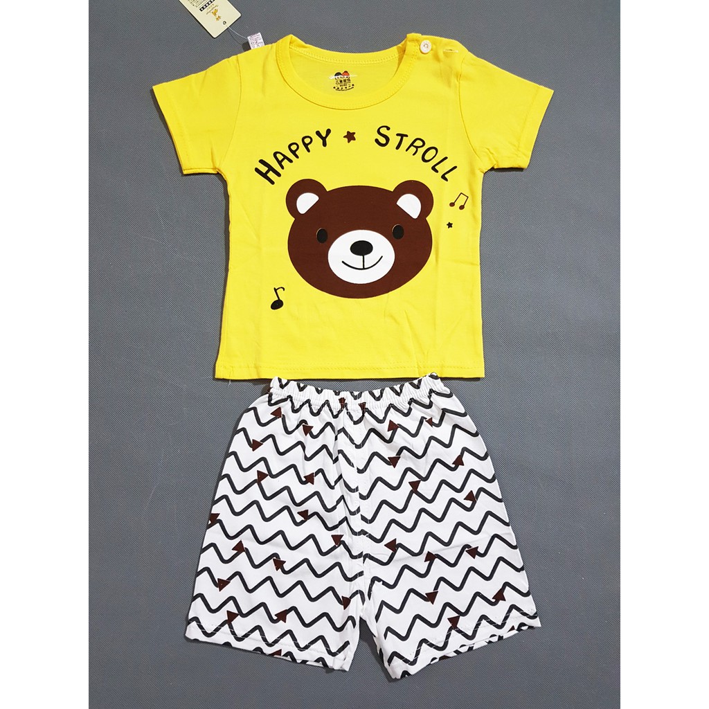 Bộ thun cotton bé trai in gấu vàng vui vẻ quần ziczac