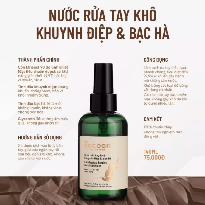 Nước rửa tay khô khuynh diệp &amp; bạc hà COCOON Eucalyptus &amp; mint hand sanitizer dạng xịt tiện lợi COCN19