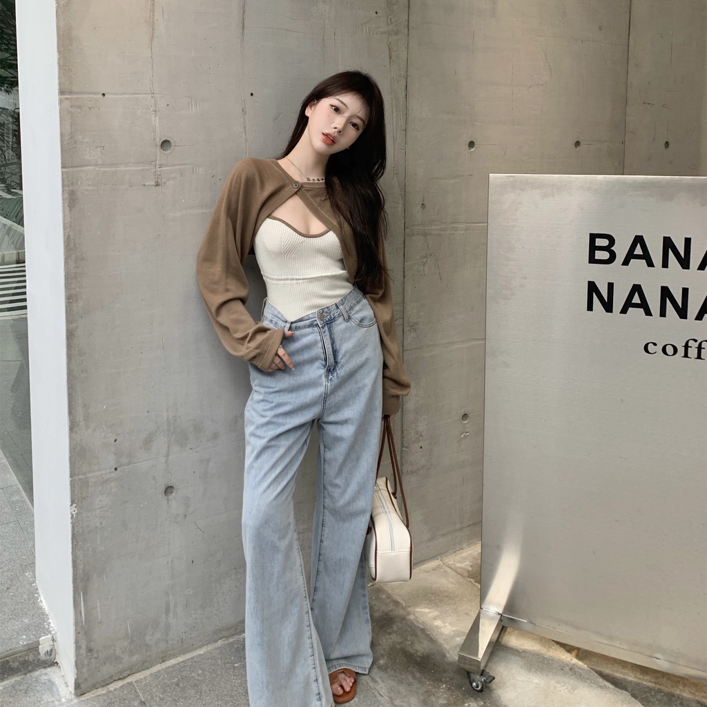 Cocory vn Set áo cardigan tay dài + áo hai dây dệt kim màu tương phản gợi cảm cho nữ