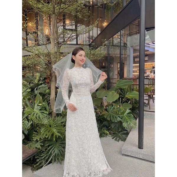 Áo dài  cưới cô dâu 4 tà ren xốp có đính kết như hình