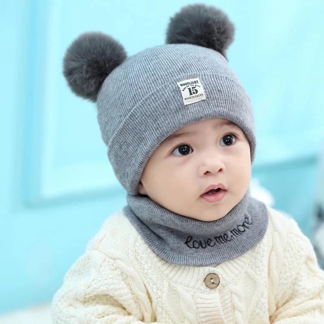 Sét Mũ Len 2 Quả Bông Kèm Khăn Ống Cho Bé