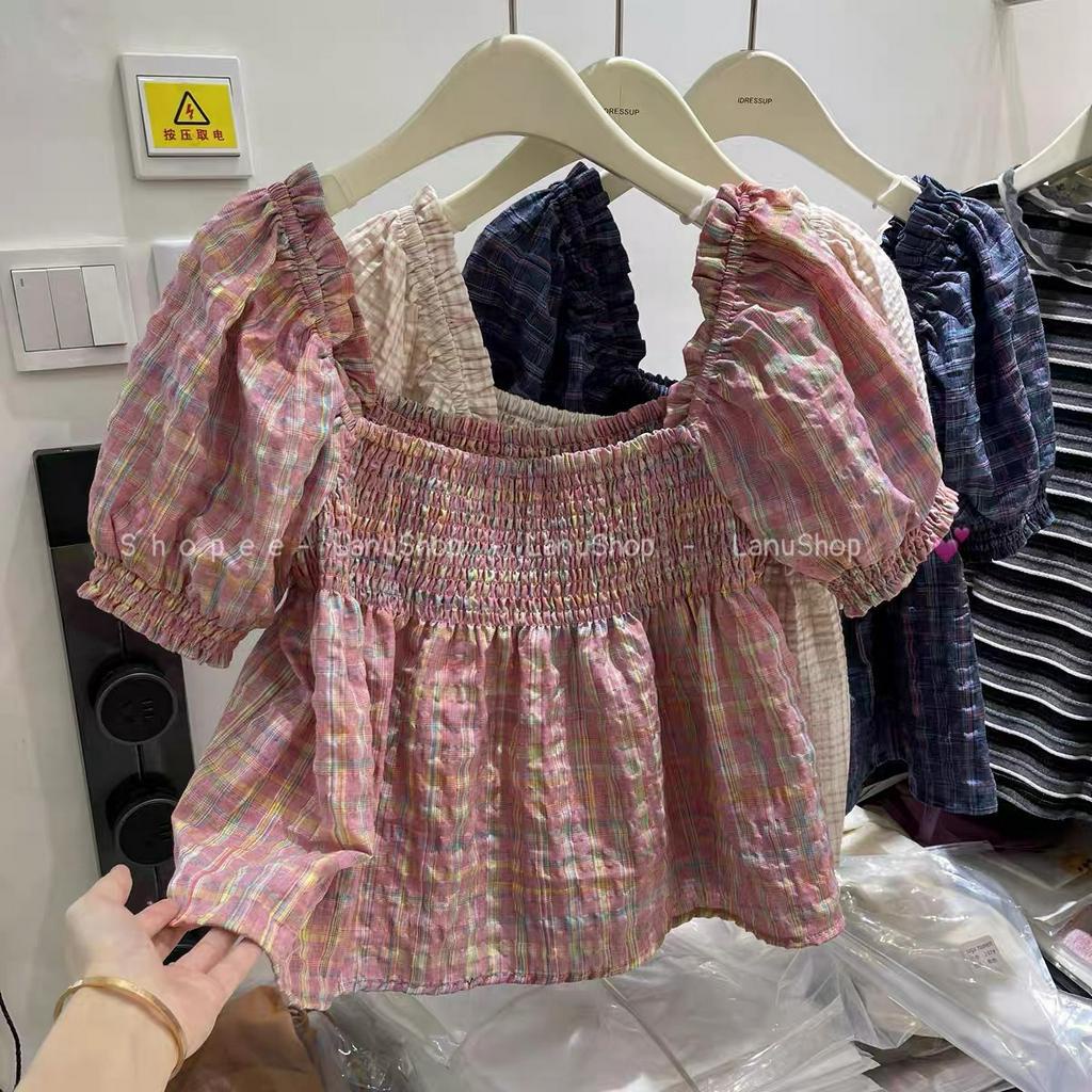 [Sẵn] Áo cổ vuông thô kẻ hồng dịu dàng thanh lịch, Áo tay phồng chạy rúm phong cách hàn quốc Kèm ảnh thật LanuShop