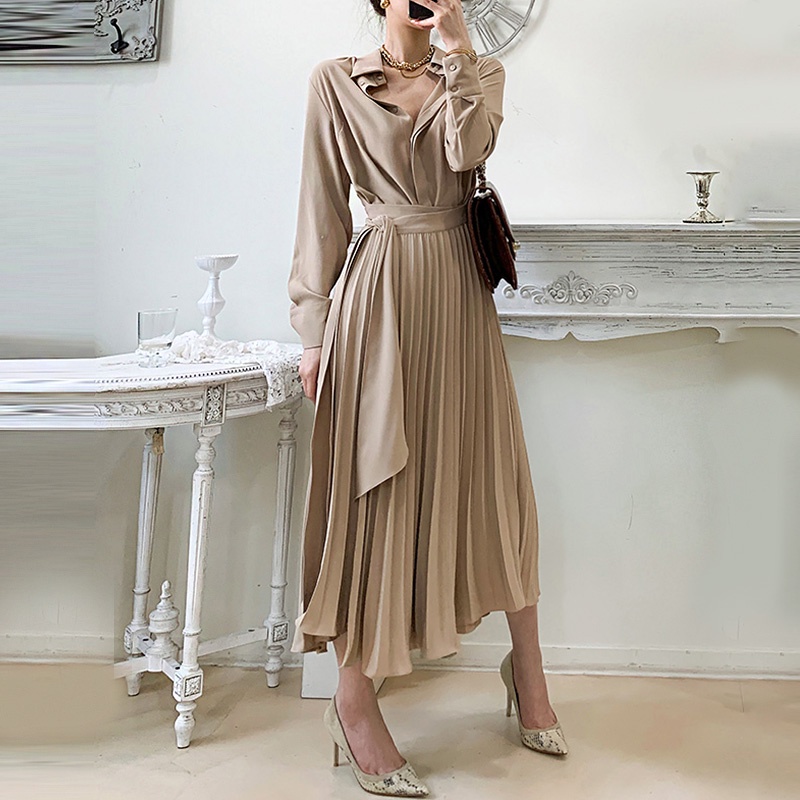 Đầm sơ mi thắt eo dài tay chân váy xếp li nhỏ phong cách vintage công sở
