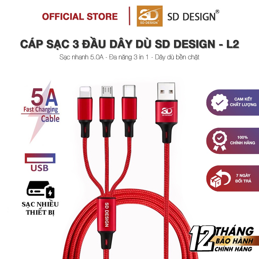 Dây Cáp Sạc 3 Đầu chính hãng SD Design L2 Sạc nhanh 5.0 A Dây Dù Sạc cho các thiết bị di động bảo hành 1 đổi 1