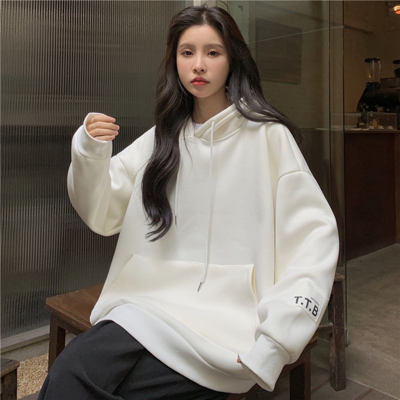 SUXI Áo nỉ nữ dài tay cổ tròn thời trang Hàn