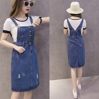Yếm jean wash cào 2 dây phối túi bao xinh phối túi