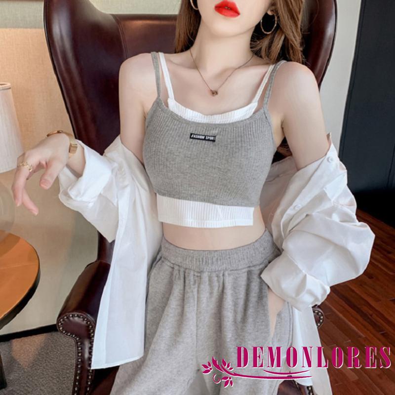 Áo hai dây cổ chữ u giả hai mảnh màu sắc thời trang mùa hè dành cho nữ