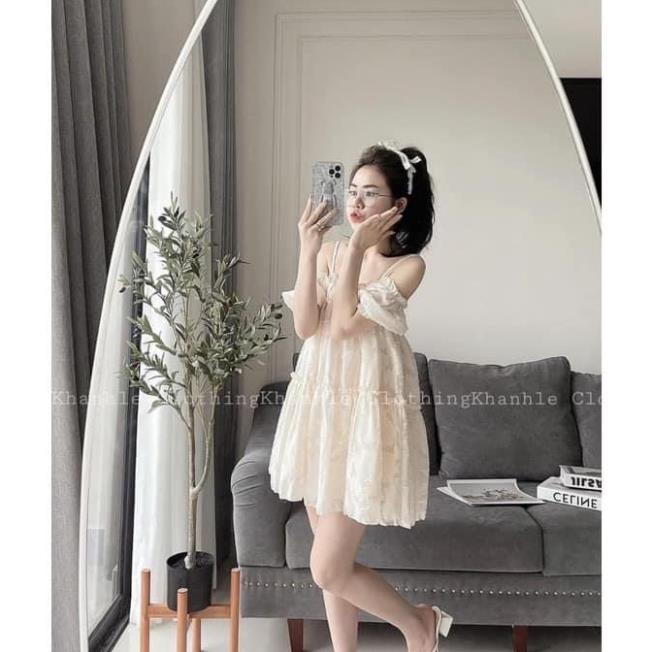 [ẢNH THẬT] Váy Trễ Vai Bèo Hoa Nổi Váy Xòe 2 Tầng Dáng Ngắn công chúa đi biển, đi tiệc, kỷ yếu xinh