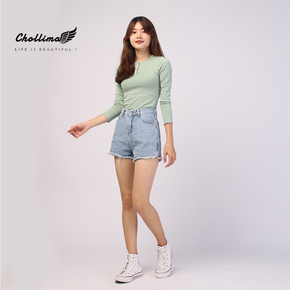 Quần short jeans nữ Chollima tua lai 2 nút QS013 – quần sọc jeans nữ ulzzang