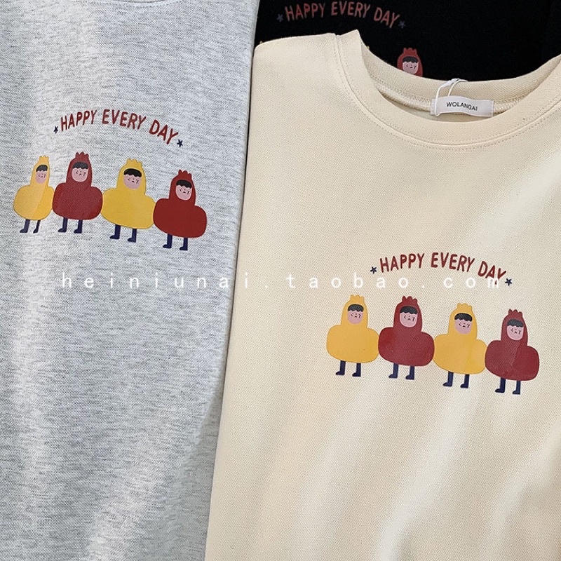 Sweater Happy Áo Sweater Nỉ Da Cá In Hình Con Gà Cổ Tròn Dáng Rộng Bo Gấu