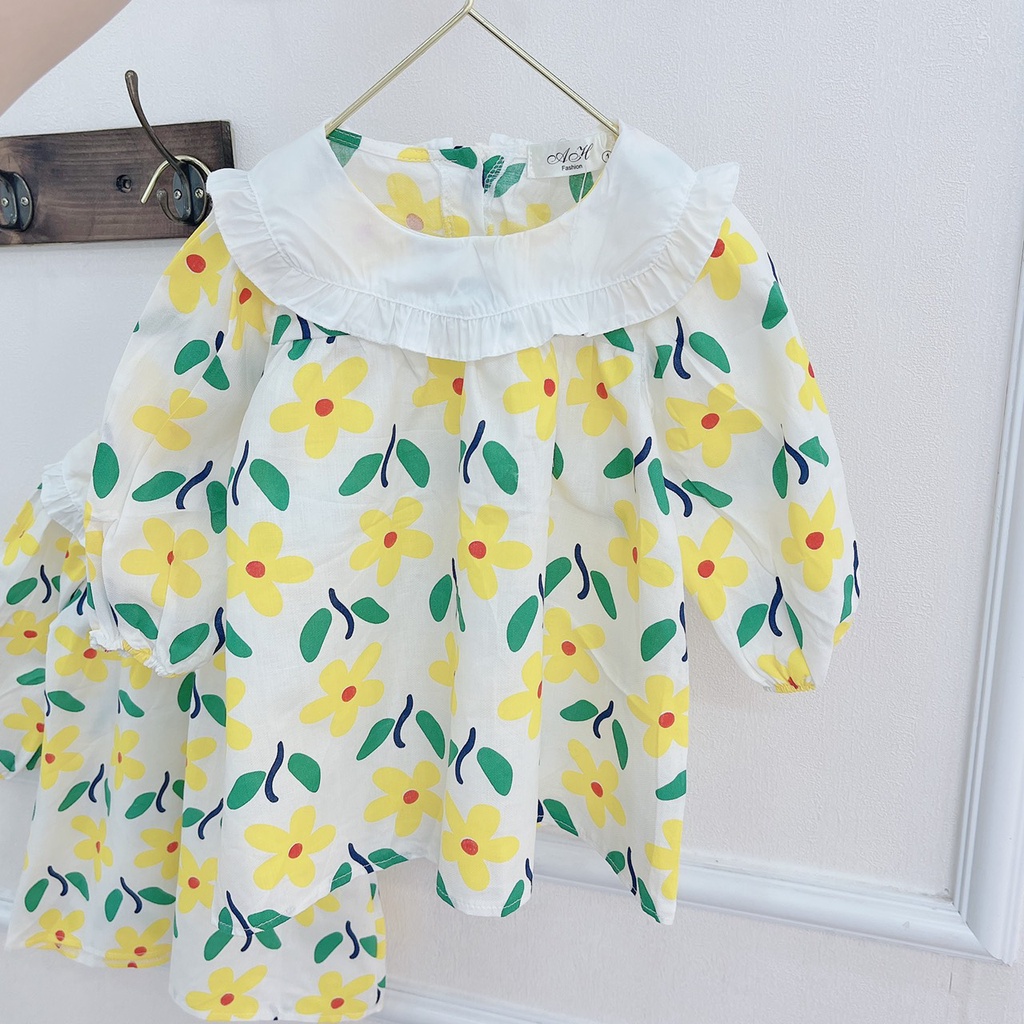 [SALE] Váy Cho Bé Gái Vải Thô Bèo Cổ Hoạ Tiết Hoa Nhí Cực Xinh, Đầm Bé Gái Thu Đông CKVD03