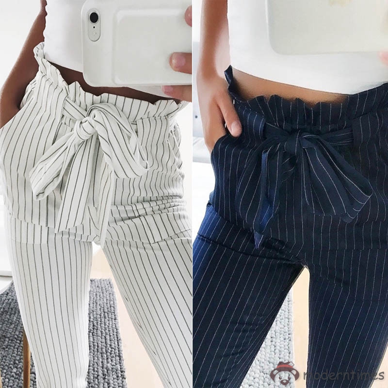 Quần dài kẻ sọc cột nơ xinh xắn cho nữ