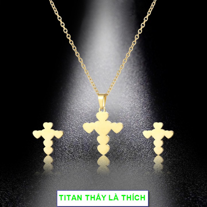 Bộ trang sức nữ mặt thánh giá titan chất - Hàng titan vàng 18k sáng bóng đẹp - Cam kết 1 đổi 1 nếu đen và gỉ sét