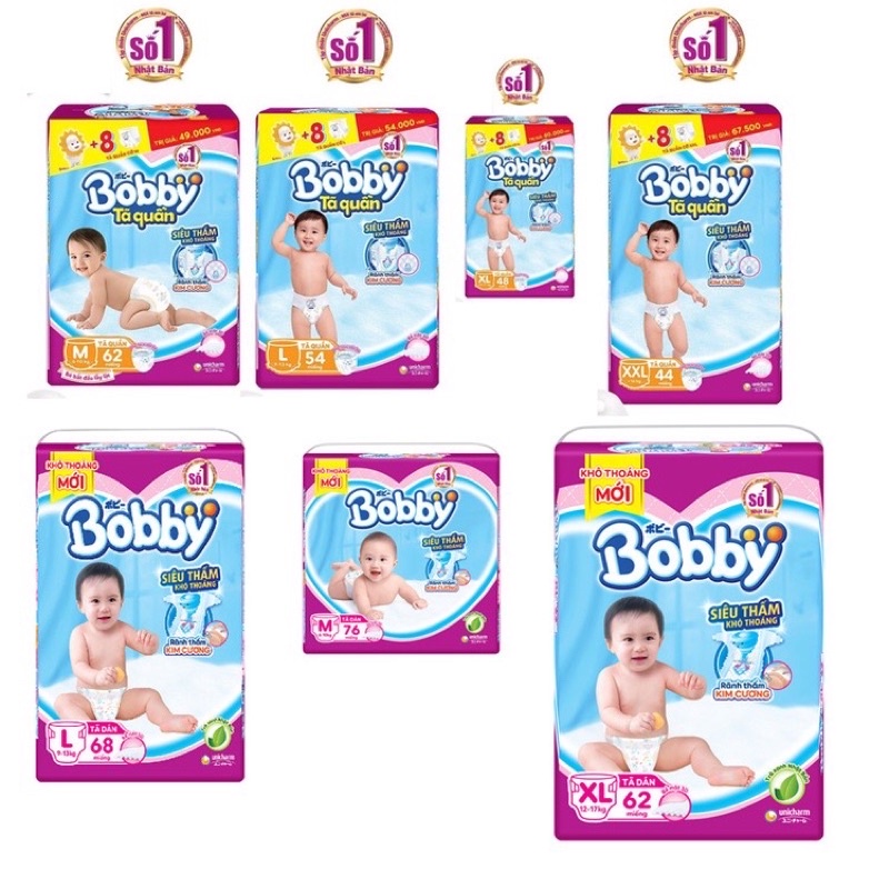 Tã dán, bỉm dán Bobby XS38, XS70, S54, S80, M46, M76, L42, L68, XL38, XL62, XXL34, XXL56 siêu thấm mẫu mới lõi nén 3mm