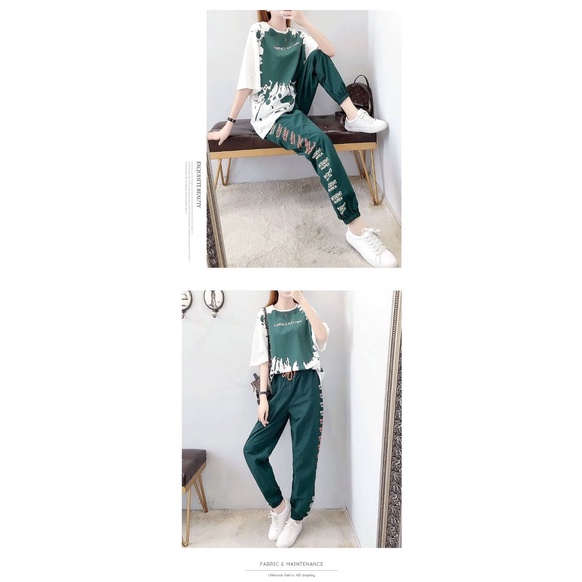 Set đồ thể thao 2 món Áo tay ngắn dáng rộng phối Quần dài thời trang cá tính cho nữ (có bán lẻ)
