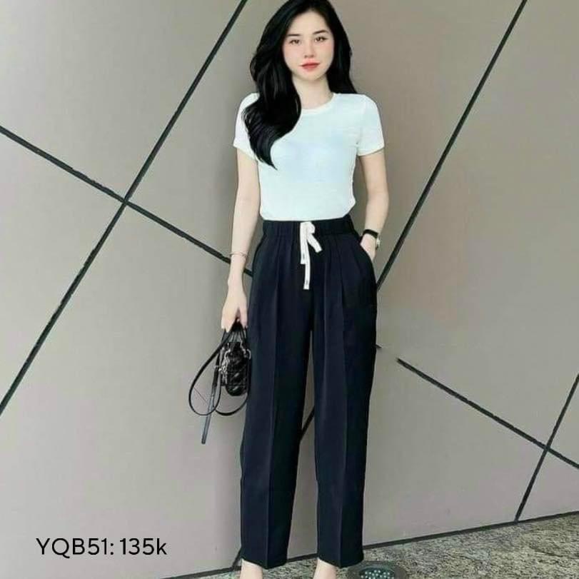 Quần baggy lưng chun kèm dây rút, quần baggy cạp cao co giãn
