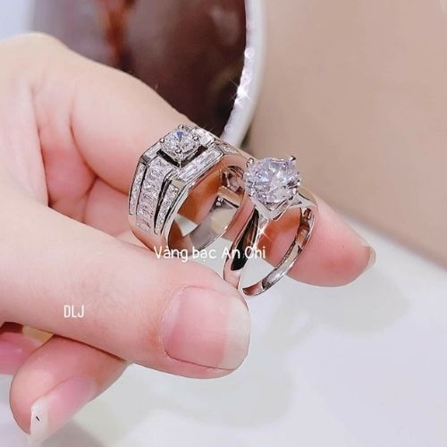 Nhẫn đôi bạc ta xi bạch kim - Nhẫn cặp nam nữ đính đá sang trọng, ACJM340W200