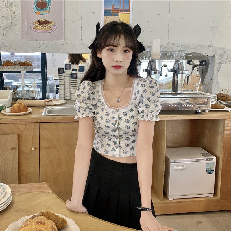 Áo Len Tăm Gân Tay Ngắn Phồng Hở Rốn In Họa Tiết Hoa Nhí Xinh Xắn Thời Trang Kiểu Pháp Cho Nữ | BigBuy360 - bigbuy360.vn