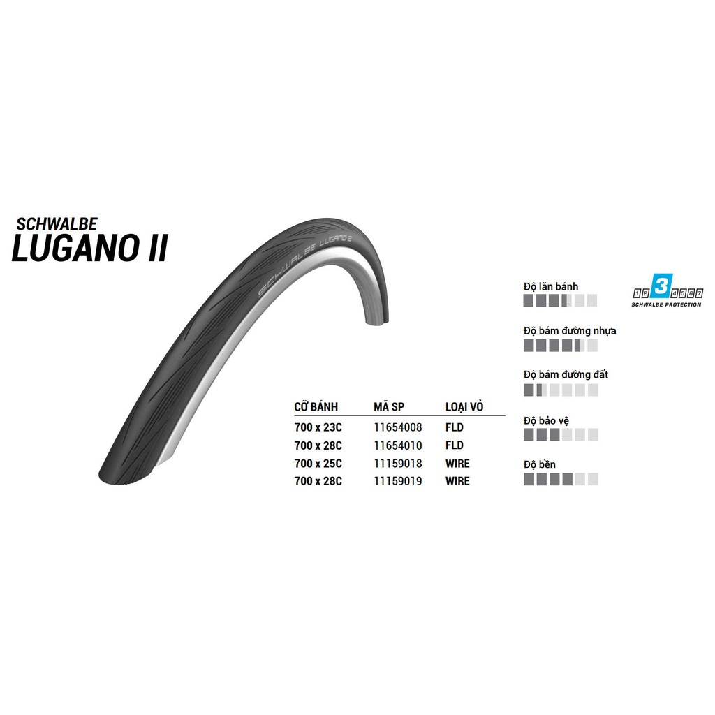 [CHÍNH HÃNG] Vỏ / Lốp xe đạp Schwalbe Lugano II Tire - Tùy chọn 700x 23C/25C/28C - Gấp hoặc không gấp (1 cái)