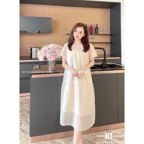 Váy bầu vải voan chấm bi trắng  fashion 2 lớp ,mềm mát mịn