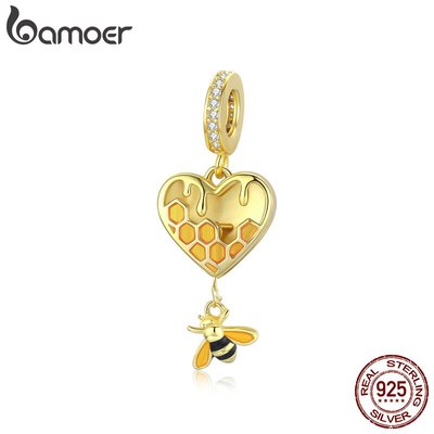 Hạt xỏ làm trang sức Bamoer Scc1714 Bạc 925 Hình Trái Tim Họa Tiết Tổ Ong Màu Vàng Độc Đáo Diy