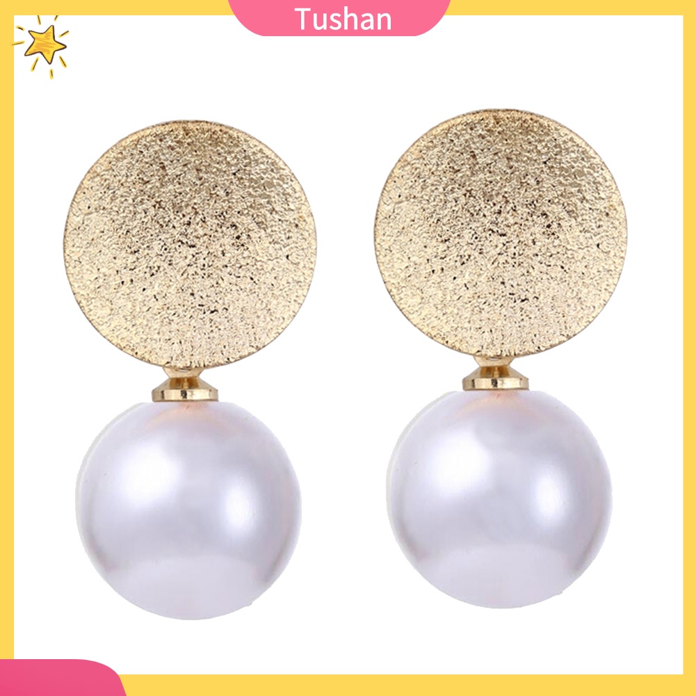 Khuyên tai đinh tán mặt hình tròn bằng kim loại đính hạt ngọc trai giả thanh lịch dành cho bạn nữ