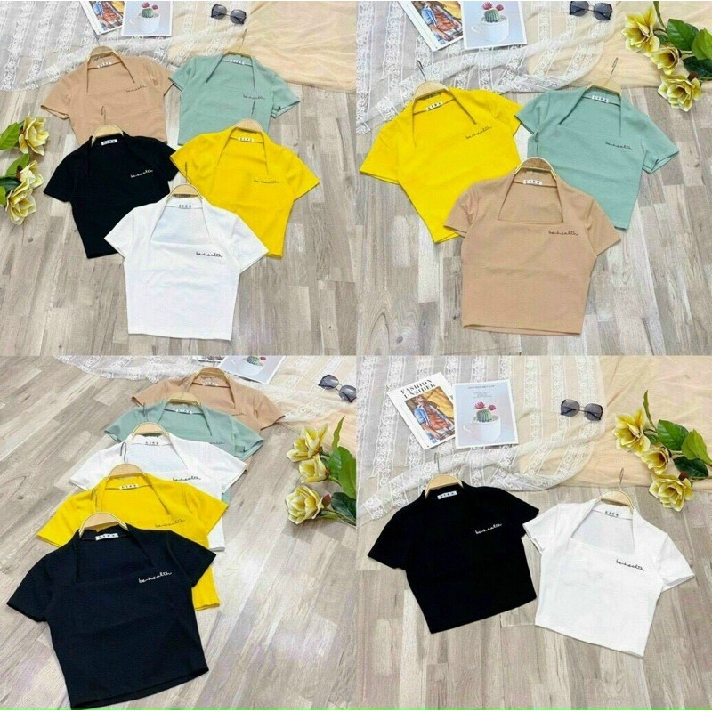 Áo kiểu croptop nữ đẹp ôm body tay ngắn cổ Vuông thêu chữ cực dễ thương mẫu mới thời trang 2021