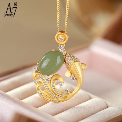 Vòng cổ Bạc S925 A7 Mặt Khảm Đá Ngọc Bích Không Phai Màu Thanh Lịch Làm Quà Tặng Cho Người Già