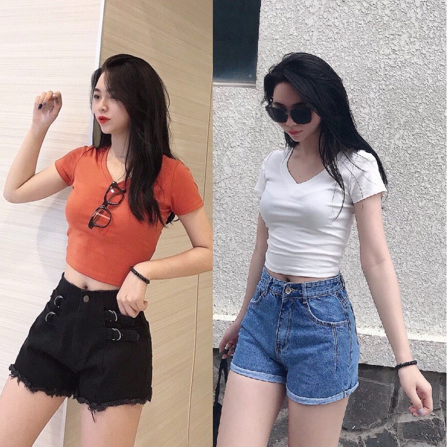 Áo croptop cổ tim Basic JOY BABE 💔 viền cổ may ngay ngắn, thun Forever 21 co giãn 4 chiều tốt 💛 cổ chữ V trơn CRON 2 -4D