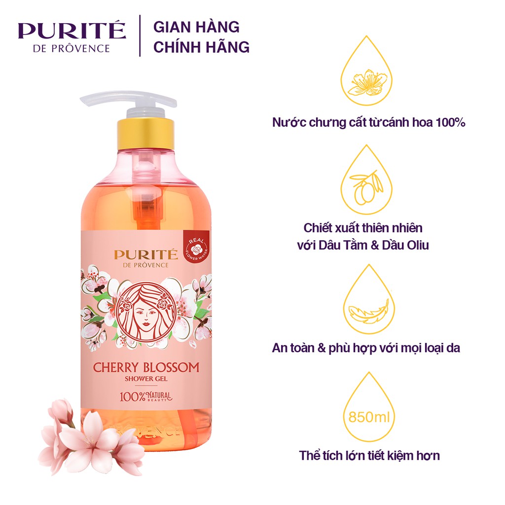 Hộp Quà Purité Sữa Tắm Hoa Anh Đào 850ml + Dầu Gội Hoa Anh Đào 180ml+ Tinh dầu argan 180ml