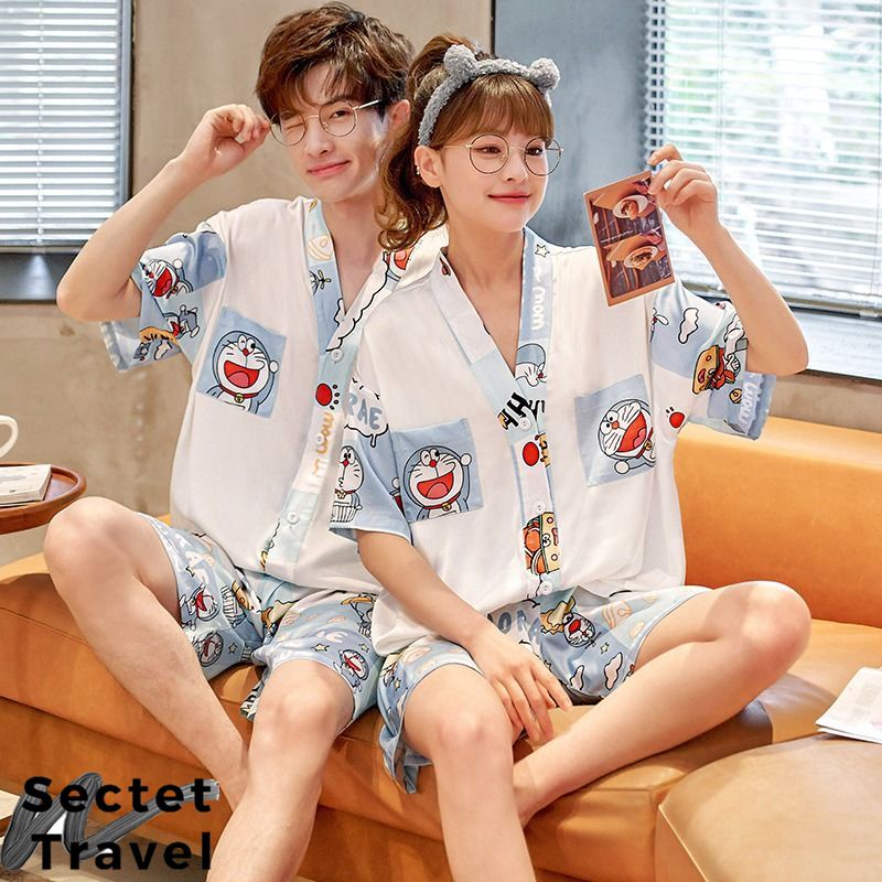 Bộ Đồ Ngủ Mặc Nhà Vải Lụa Lạnh Mỏng Họa Tiết Mèo Doraemon Dễ Thương Cho Cặp Đôi