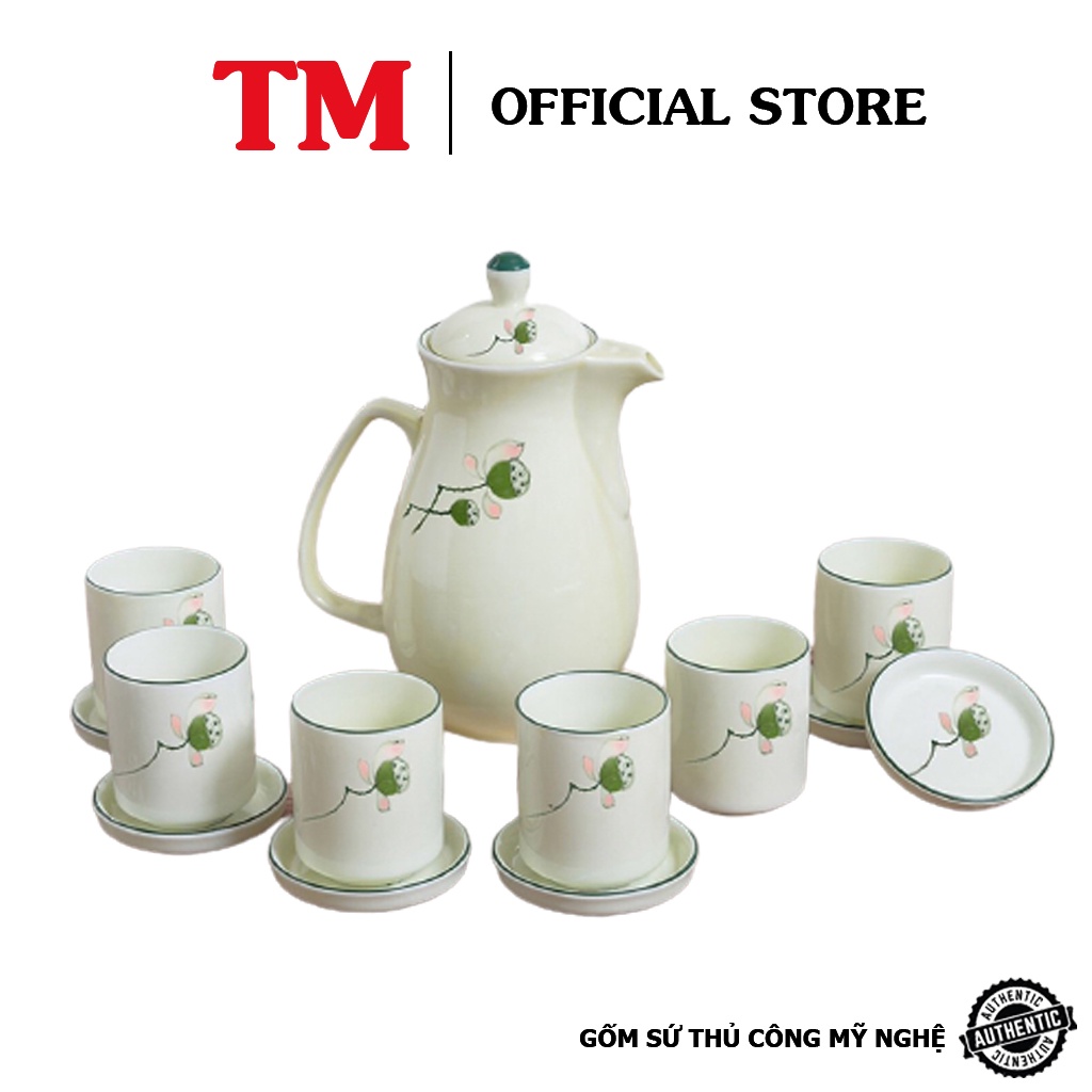 Bộ Bình Ca Sứ Đựng Nước Men Kem Họa Tiết Vẽ Tay 1.5L Xưởng Gốm TM Bát Tràng