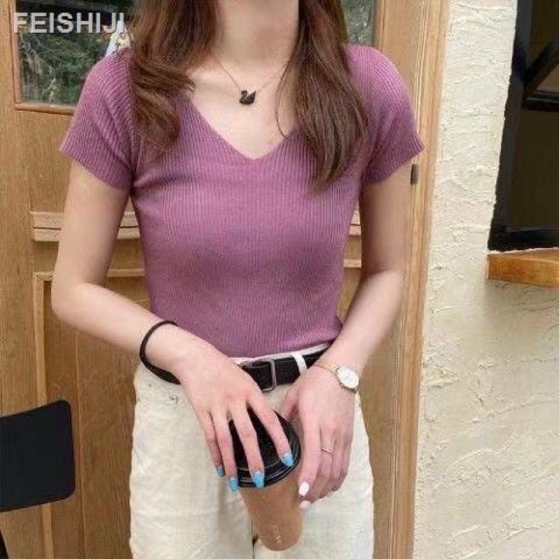 Áo thun gân len cổ tim ngắn tay style hàn xẻng 💜💜💜c