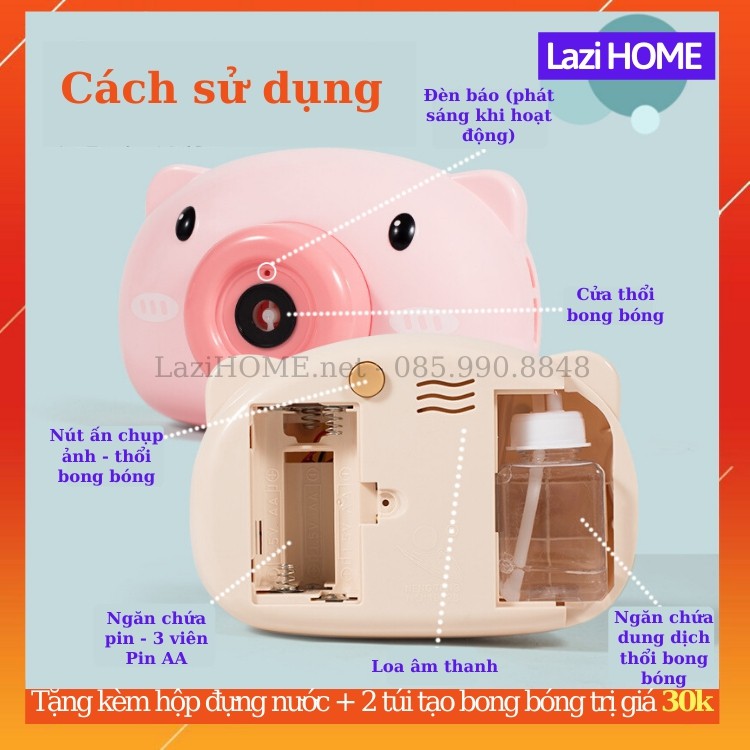 [MUA 1 ĐƯỢC 2] Đồ chơi trẻ em, do choi tre em máy ảnh thổi bong bóng Lazi HOME - Tặng bình đựng nước + 2 túi tạo bong bó