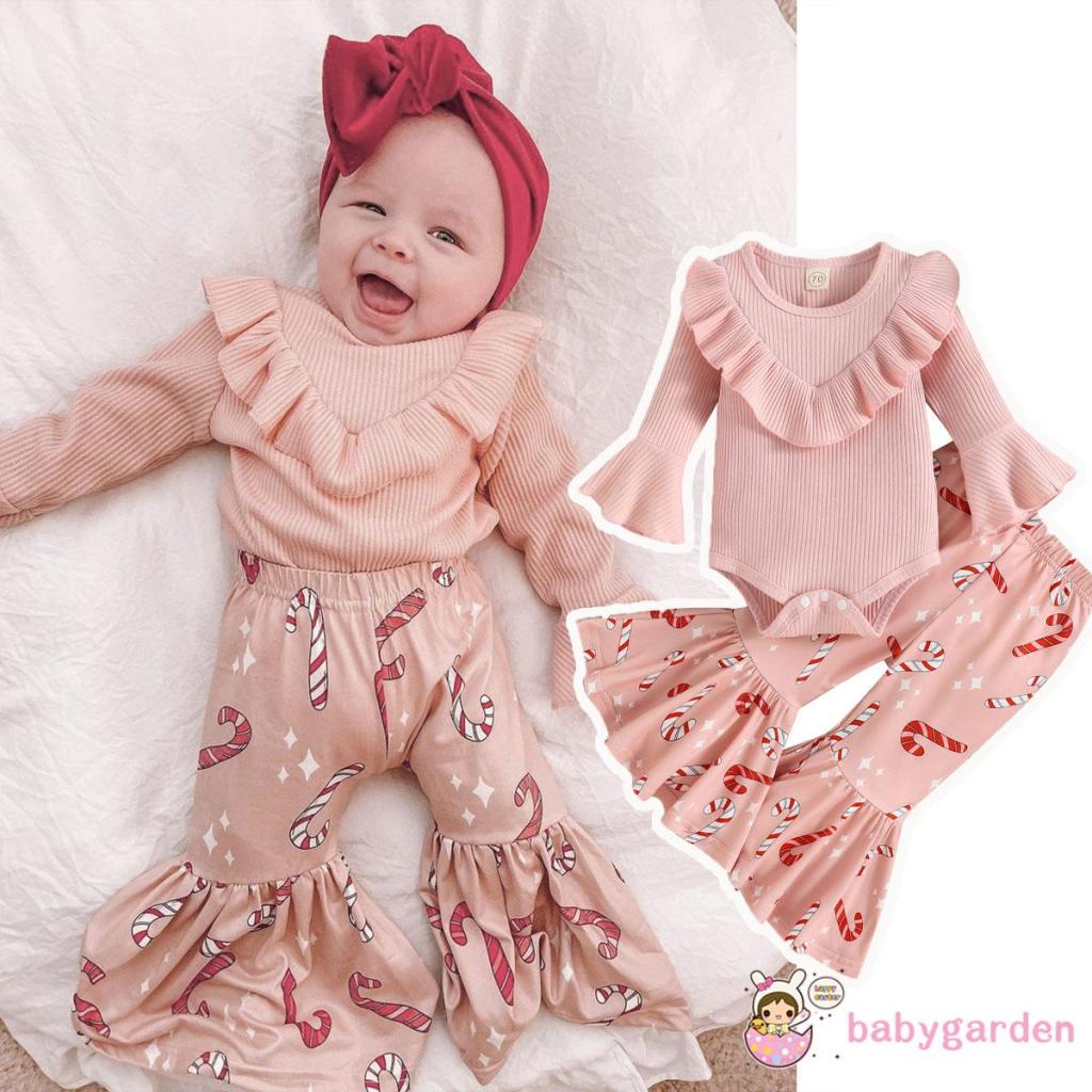 Set Đồ Mùa Thu 2 Món Gồm Áo Liền Quần Tay Xòe Có Diềm Xếp Nếp + Quần Dài In Họa Tiết Cho Bé Gái 0-24 Tháng Tuổi