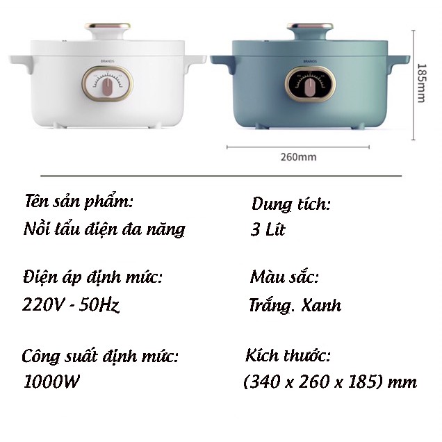 [Mã ELHADEV giảm 4% đơn 300K] Nồi Lẩu Điện Đa Năng Chống Dính Công Suất 1000W Dung Tích 3 Lít Bảo Hành 6 Tháng