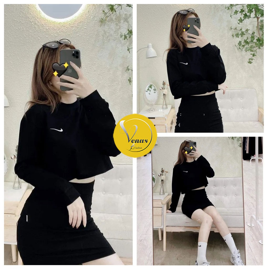 Set áo thun croptop tay dài và chân váy chữ A chất bozip mềm mịn_VIETVENUS