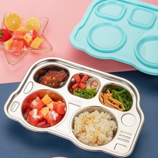 Khay Đựng Đồ Ăn Chia Ngăn Có Nắp Bằng Thép Không Gỉ 304 Cao Cấp Dành Cho Bé Mẫu Giáo