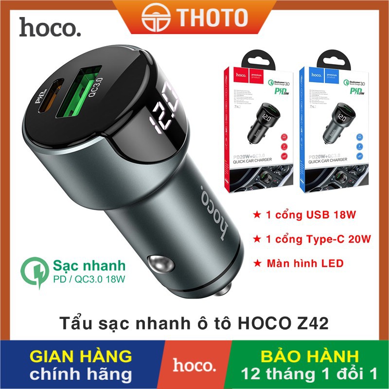 [Thoto Store] Tẩu sạc nhanh ô tô Chính Hãng HOCO Z42 sạc điện thoại trên xe hơi | USB QC3.0 18W + Type-C PD 20W, màn LED