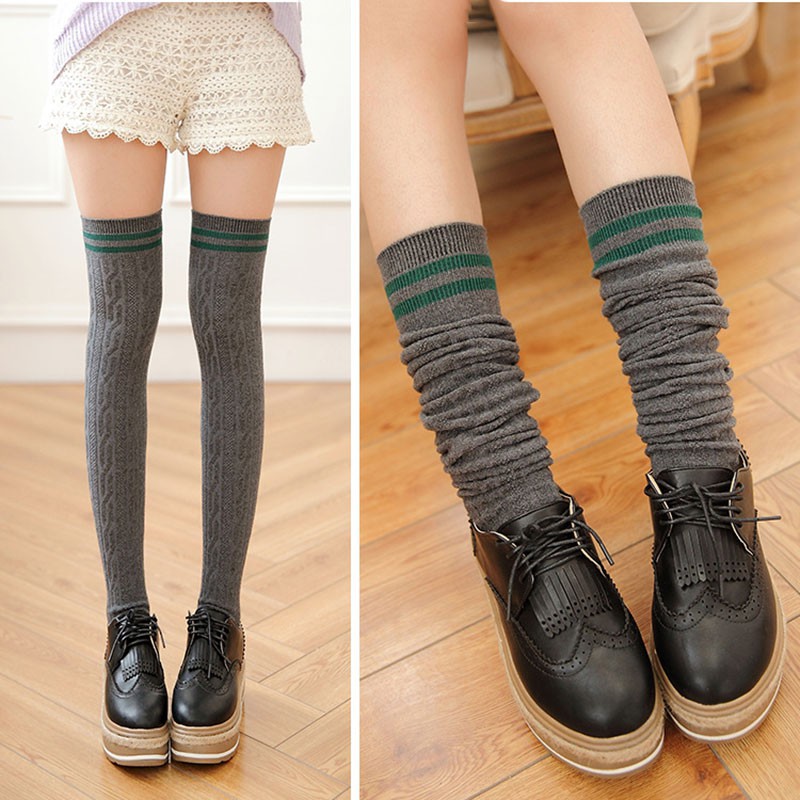 Vớ dáng dài chất liệu cotton co giãn họa tiết kẻ sọc ngang đáng yêu cho nữ