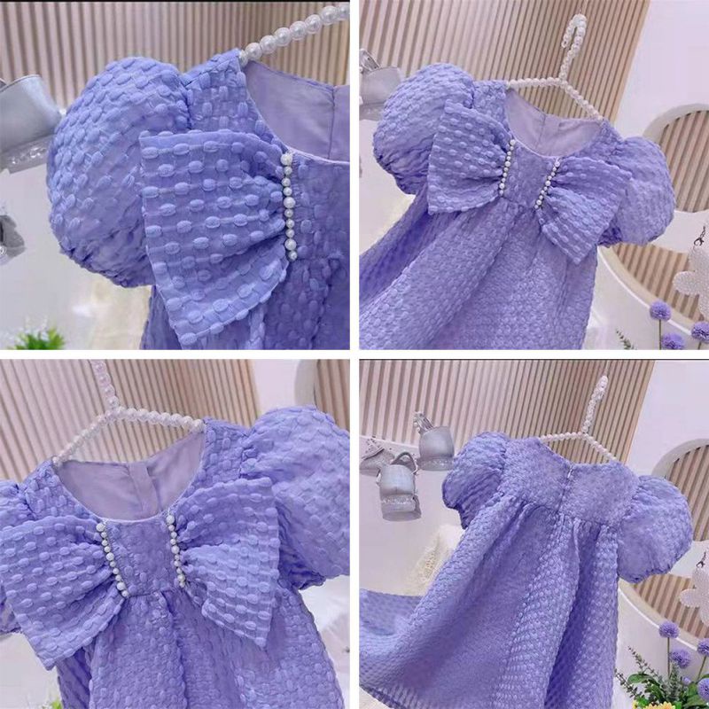 Đầm Công Chúa Tay Ngắn Màu Sắc Trơn Đính Nơ To Thời Trang Mùa Hè Cho Bé Gái Se7en