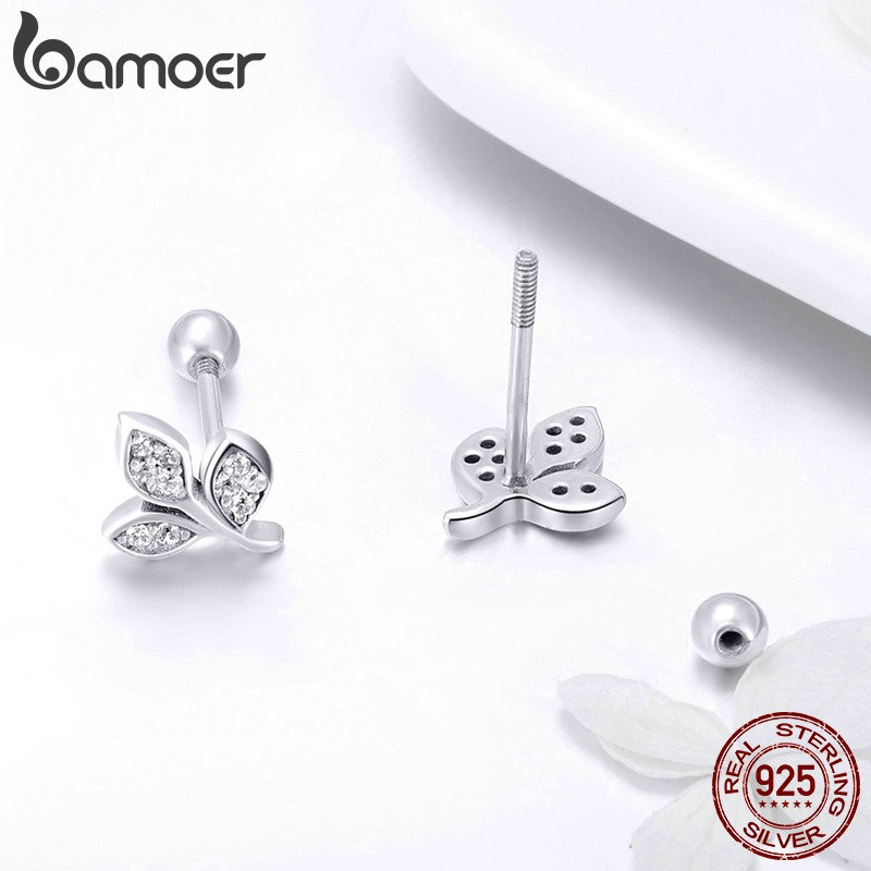 Hoa tai Bamoer kim loại hình lá xi bạc đính đá lấp lánh hợp thời trang