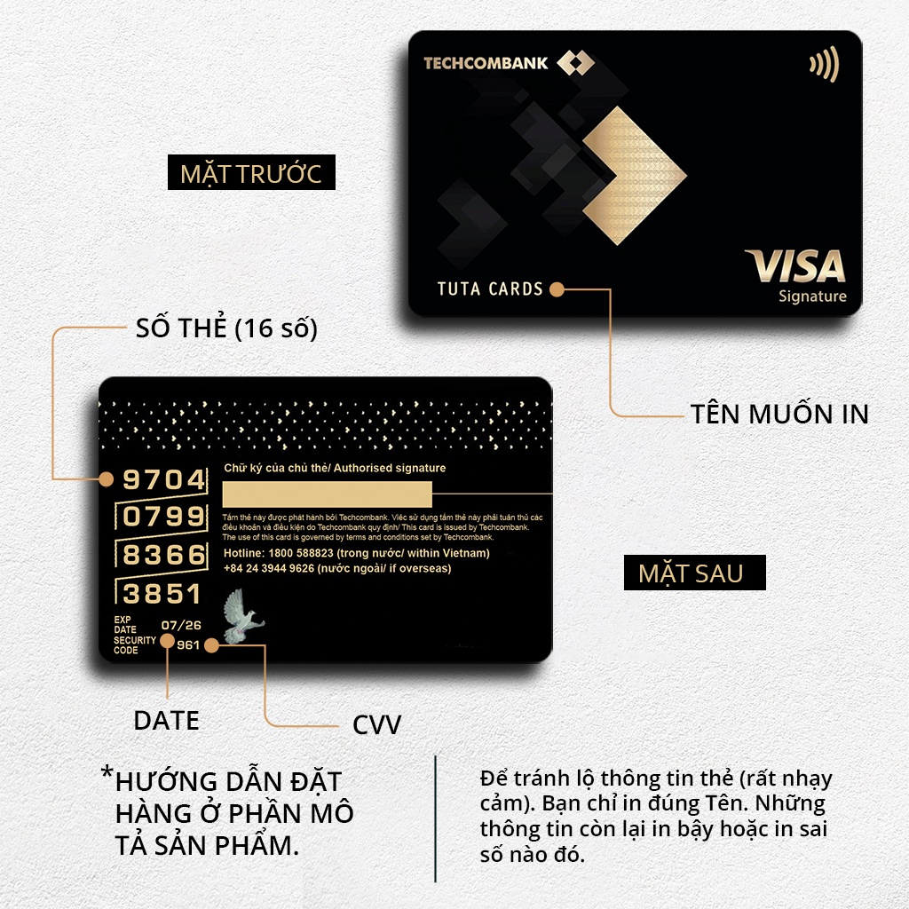 Miếng dán thẻ đen, skin, sticker thẻ ATM, ngân hàng, CÓ IN TÊN VÀ THÔNG TIN THẺ ( VCB, TECH, MBBANK, TPBANK) | TUTA CARD