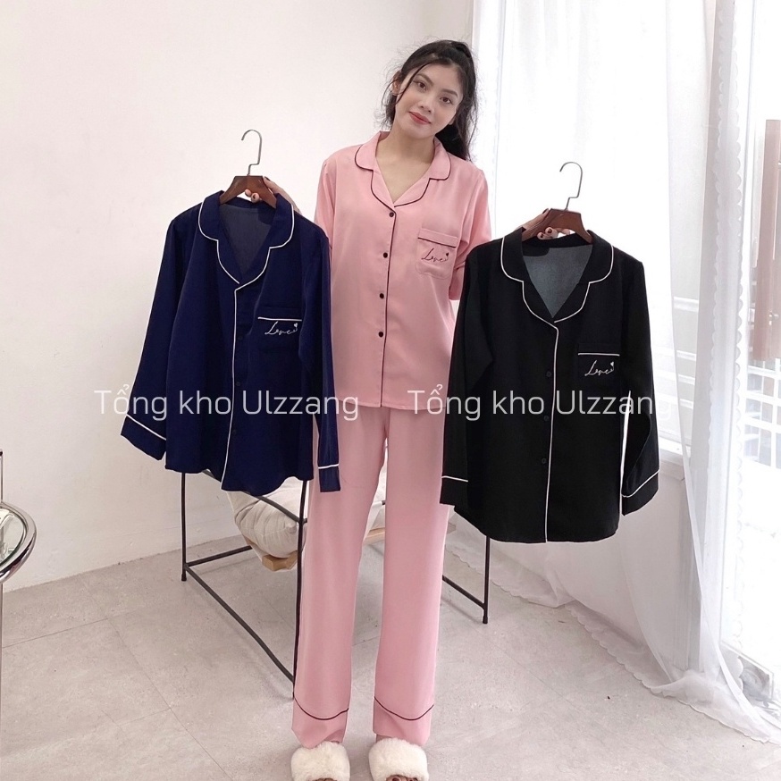 Bộ Pijama Lụa Dài Tay Cao Cấp Thêu Chữ Love Chất Mềm Mịn Không Nhăn Hàng Thiết Kế