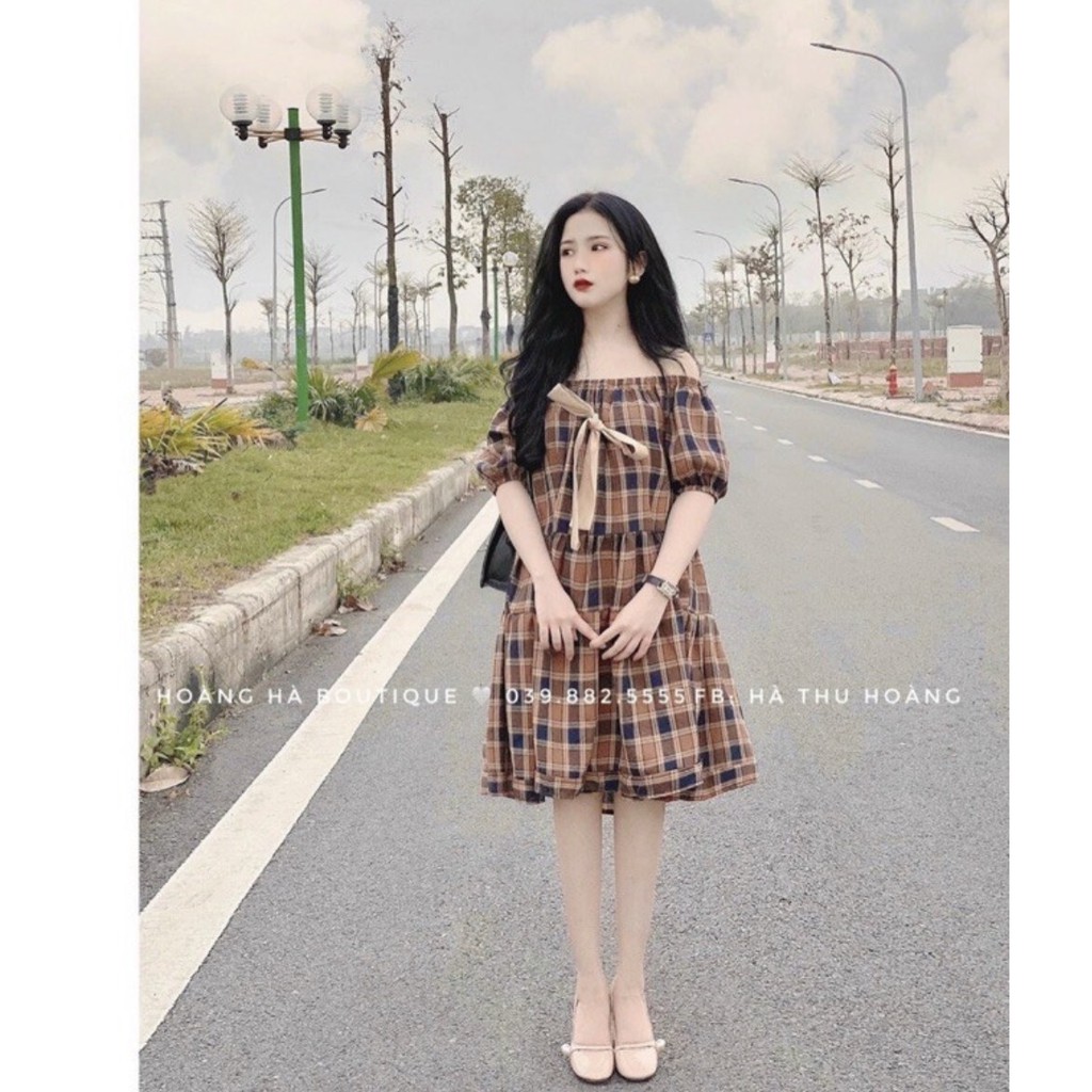 Váy kẻ caro xinh xắn💖FREESHIP💖 đầm trễ vai tiểu thư AD94 | BigBuy360 - bigbuy360.vn