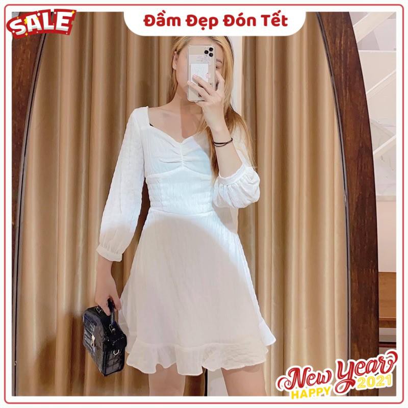 Đầm trắng xinh Lemarr dress tay dài from chuẩn vây cổ vuông kết hợp phần dúm ngực diêu xinh tay bồng ( kèm ảnh thật ) | BigBuy360 - bigbuy360.vn