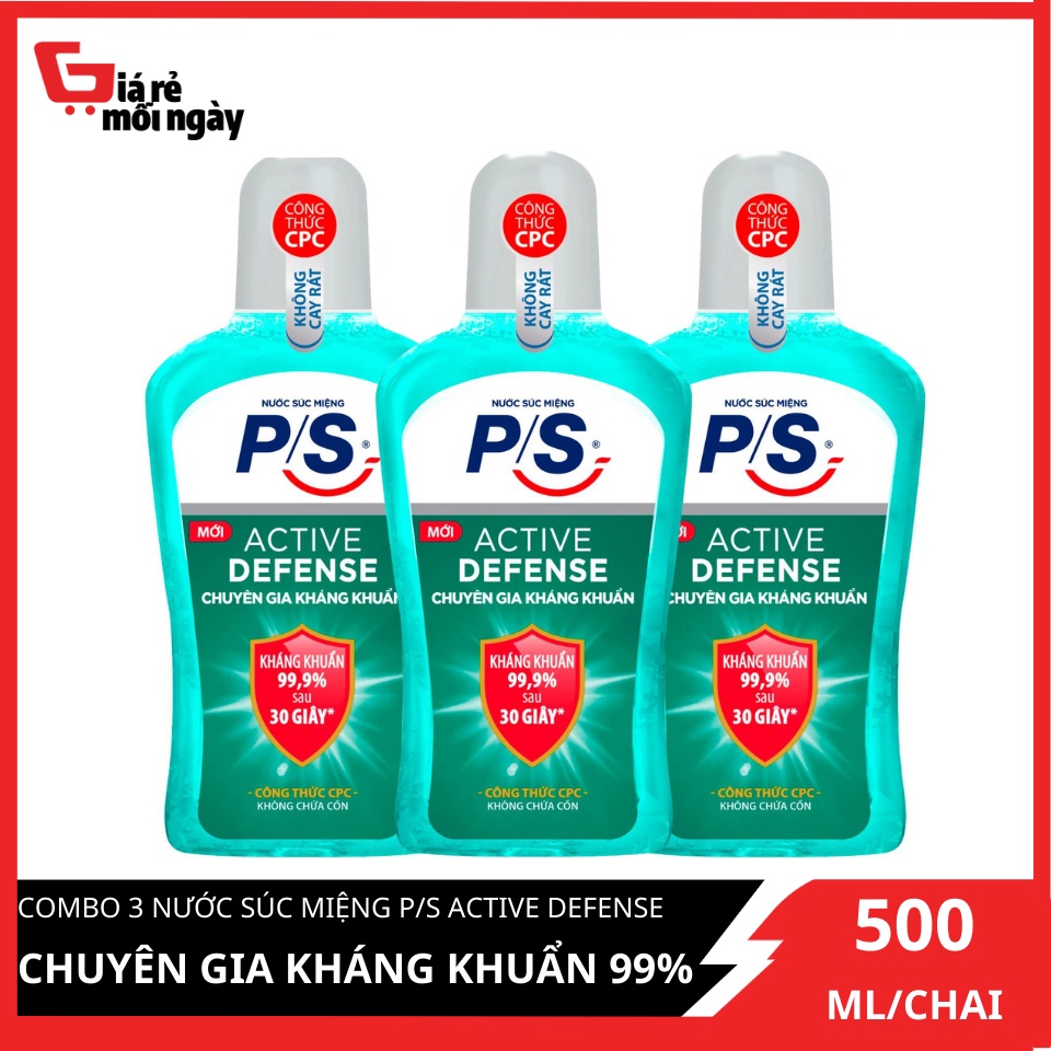 Combo 3 Nước Súc Miệng P/S Active Defense Chuyên Gia Kháng Khuẩn 99,9% 500ml